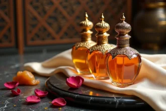 Flacons de parfum Abdul Samad en verre ambré et filigrane doré posés sur un marbre sombre avec des pétales de rose et des copeaux d'oud