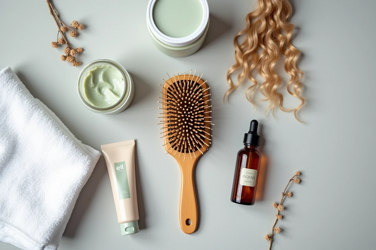 Flat lay de brosse en bois et produits coiffants pour cheveux ondulés disposés sur un tissu en lin gris, vue de dessus