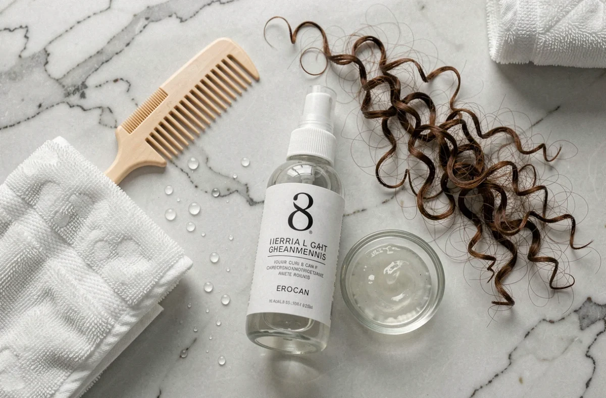 Flat-lay de produits Olaplex et accessoires Curly Girl posés sur un comptoir en marbre