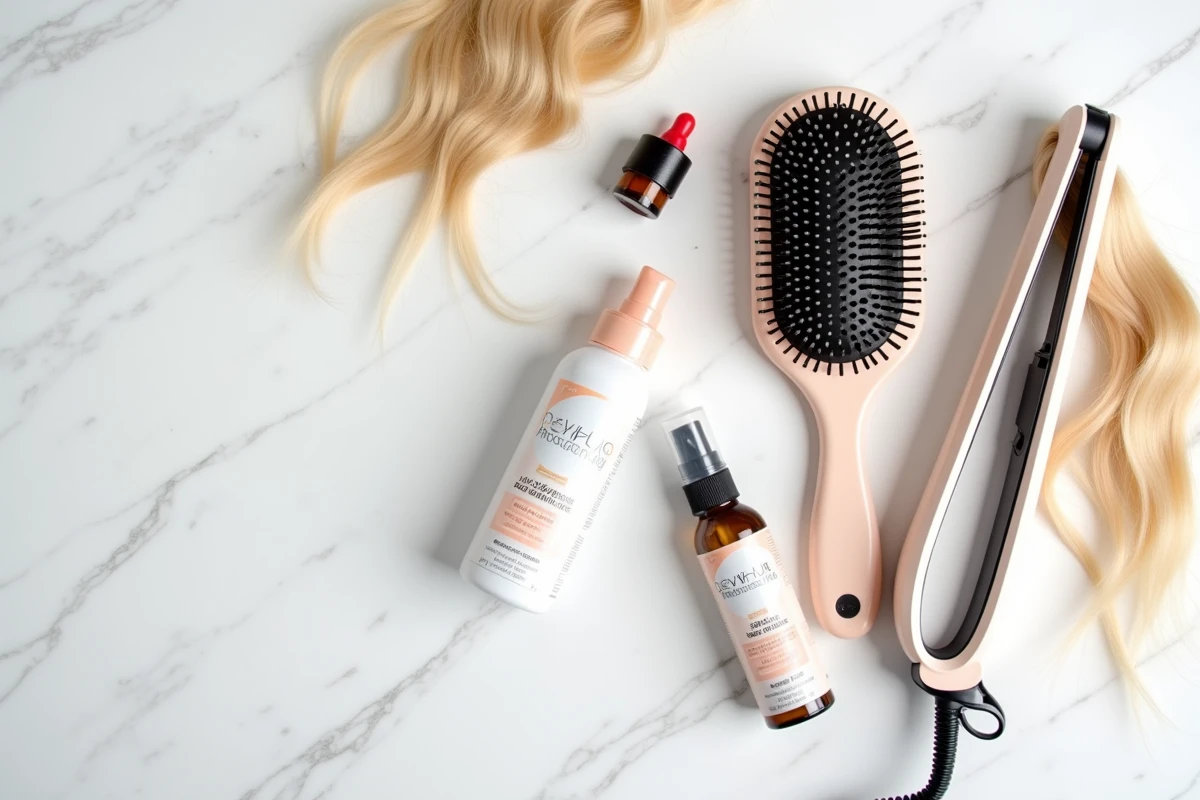 Flat lay de produits de coiffage incluant un lisseur, un spray protecteur thermique et une brosse ronde sur marbre blanc