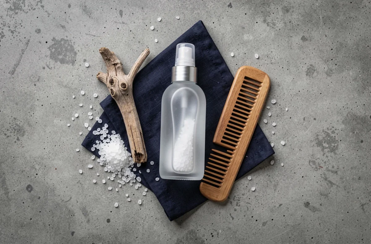 Flat-lay produit de coiffage sea salt spray pour homme avec peigne en bois et cristaux de sel sur béton brut