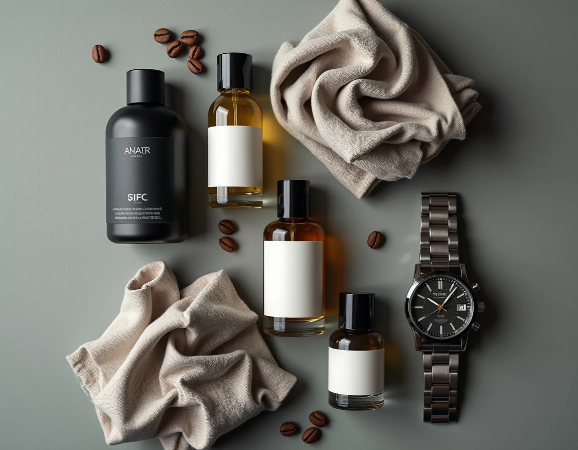 Composition flat-lay de flacons de parfum homme économiques sur béton, comparaison visuelle entre parfumerie low cost et accessoires masculins haut de gamme
