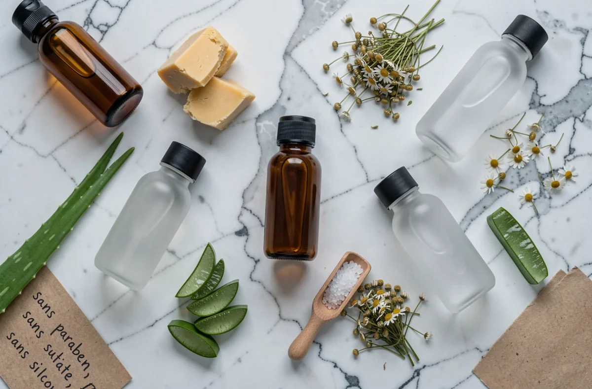 Flatlay de flacons de shampoing naturel sans paraben et sans silicone entourés d'ingrédients naturels sur marbre blanc