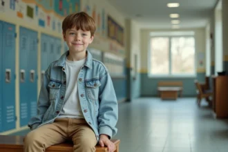 Jeune garçon de 12 ans assis dans un hall scolaire moderne