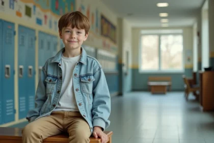 Jeune garçon de 12 ans assis dans un hall scolaire moderne