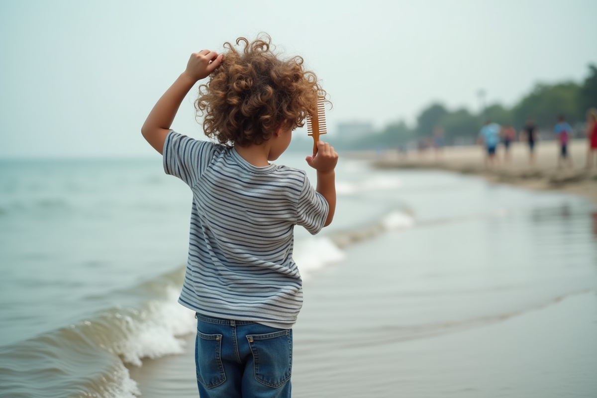 Jeune garçon peignant ses cheveux au bord de l
