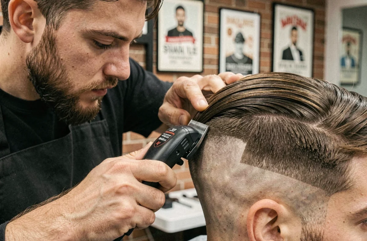Gros plan sur les mains d'un barbier professionnel en train de réaliser un dégradé précis avec une raie sur le côté
