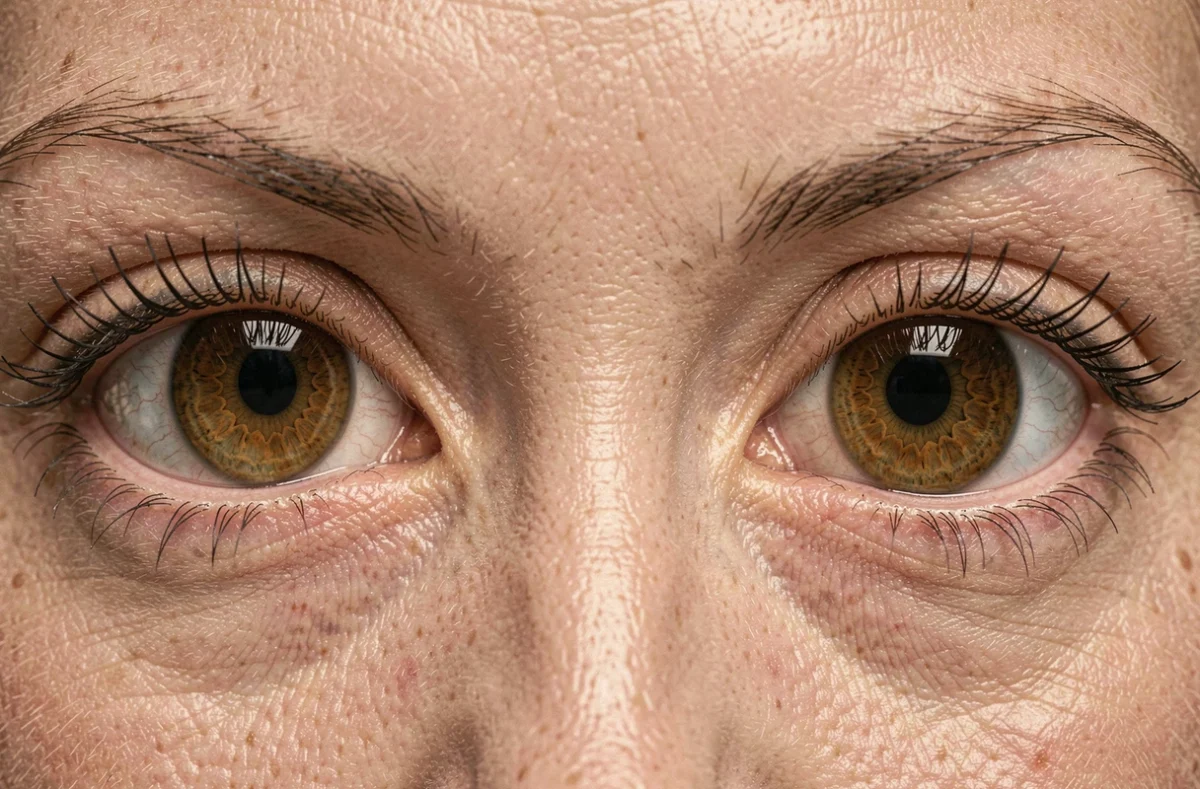 Gros plan macro sur une paire d'yeux hazel montrant les nuances complexes d'ambre, de vert et de brun dans l'iris