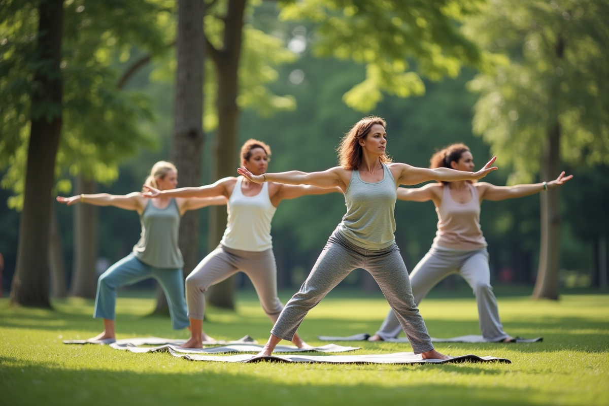 Groupe de femmes en yoga dans un parc verdoyant