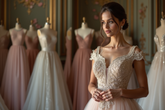 Femme en robe de haute couture dans un atelier élégant