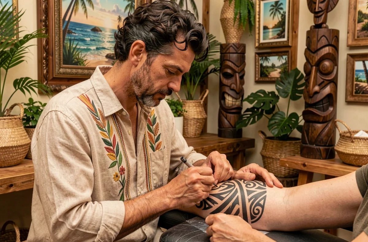 Tatoueur de Henua Tiki Tattoo réalisant un tatouage tribal polynésien dans un studio décoré de motifs océaniens
