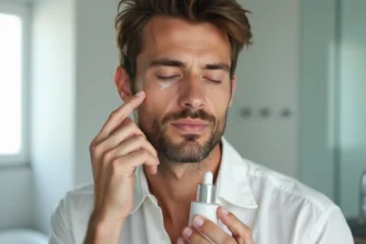 Homme appliquant une essence sérum sur son visage dans une salle de bain minimaliste moderne