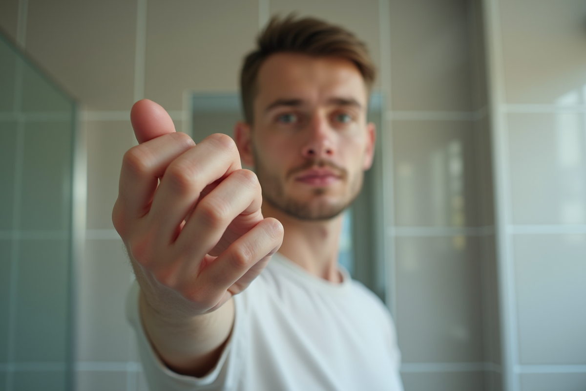 Jeune homme montrant ses ongles abimes dans la salle de bain