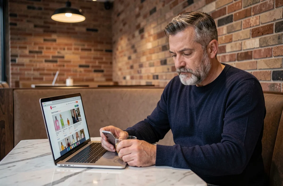 Homme consultant un site communautaire de critiques de parfums sur ordinateur portable dans un café moderne