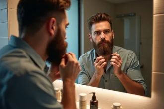 Homme barbu appliquant de l'huile dans le miroir