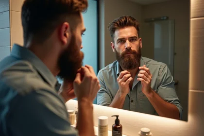 Homme barbu appliquant de l'huile dans le miroir