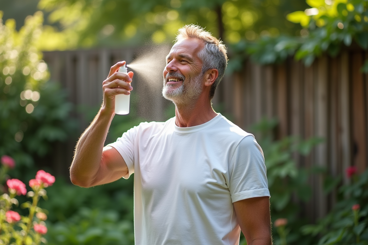 Homme en jardin se vaporisant d