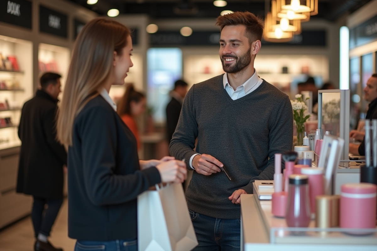 Homme souriant au comptoir de cosmetics