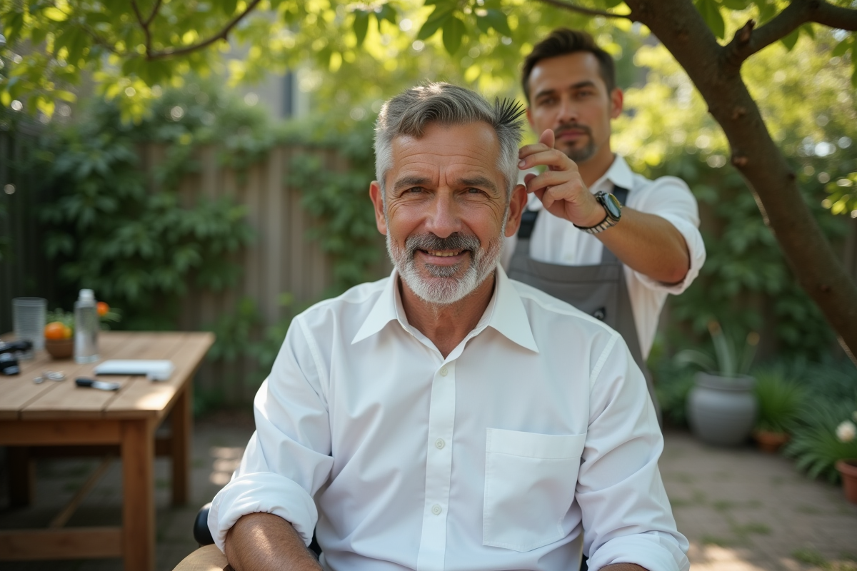 Homme en train de faire couper ses cheveux dans un jardin extérieur