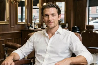 Homme aux cheveux mi-longs soigneusement coiffés dans un salon de barbier moderne, style élégant sans effet négligé