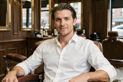 Homme aux cheveux mi-longs soigneusement coiffés dans un salon de barbier moderne, style élégant sans effet négligé