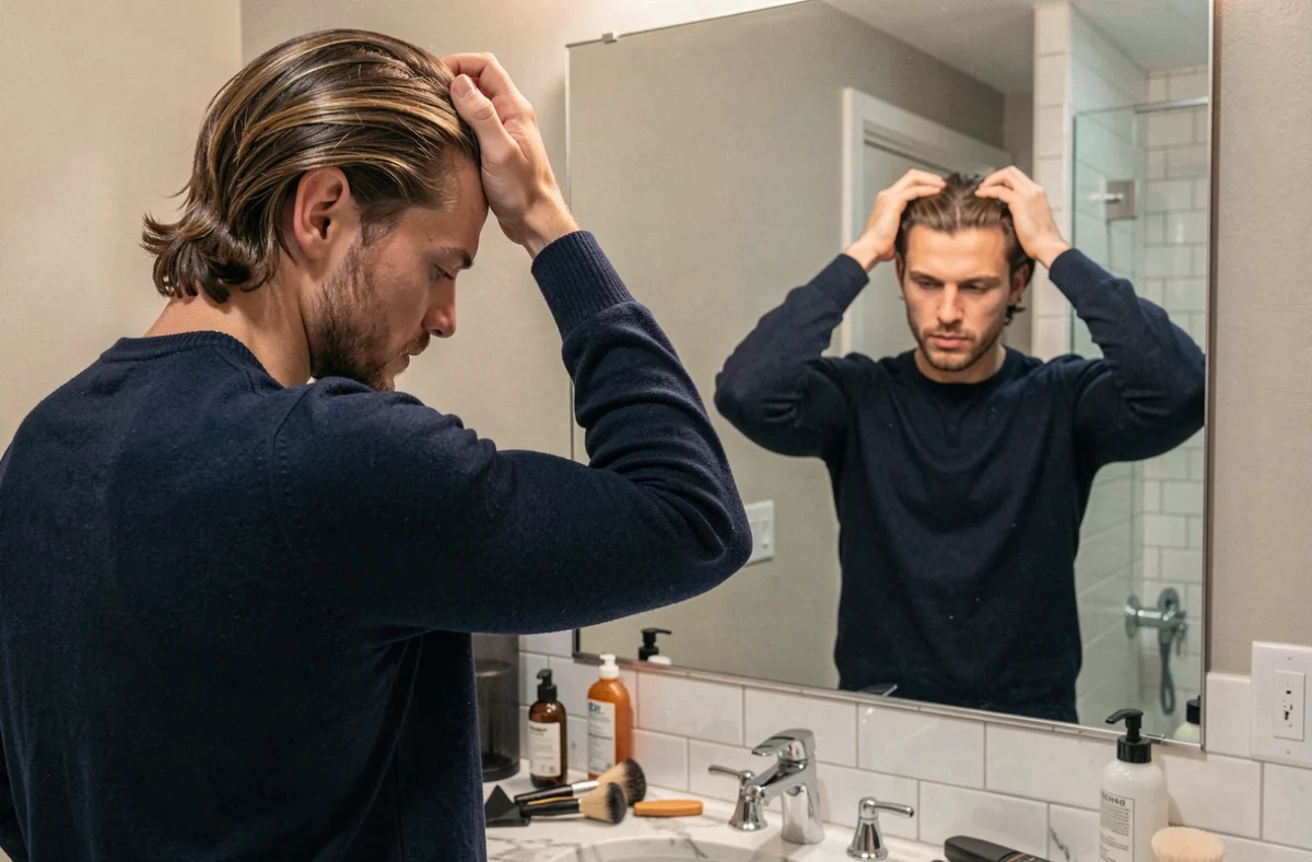 Homme aux cheveux mi-longs se coiffant devant un miroir de salle de bain contemporaine, routine de coiffage quotidienne