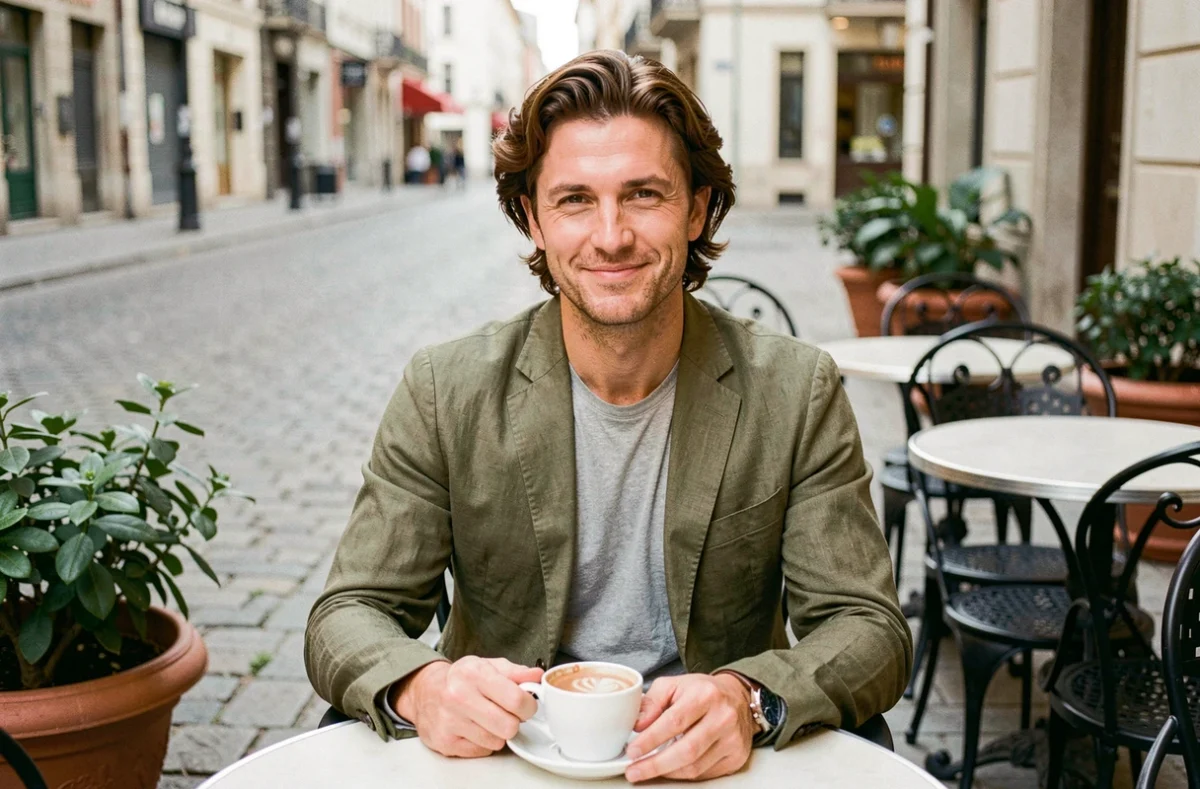 Homme avec une coiffure mi-longue ondulée et soignée en terrasse de café, style décontracté chic sans effet négligé
