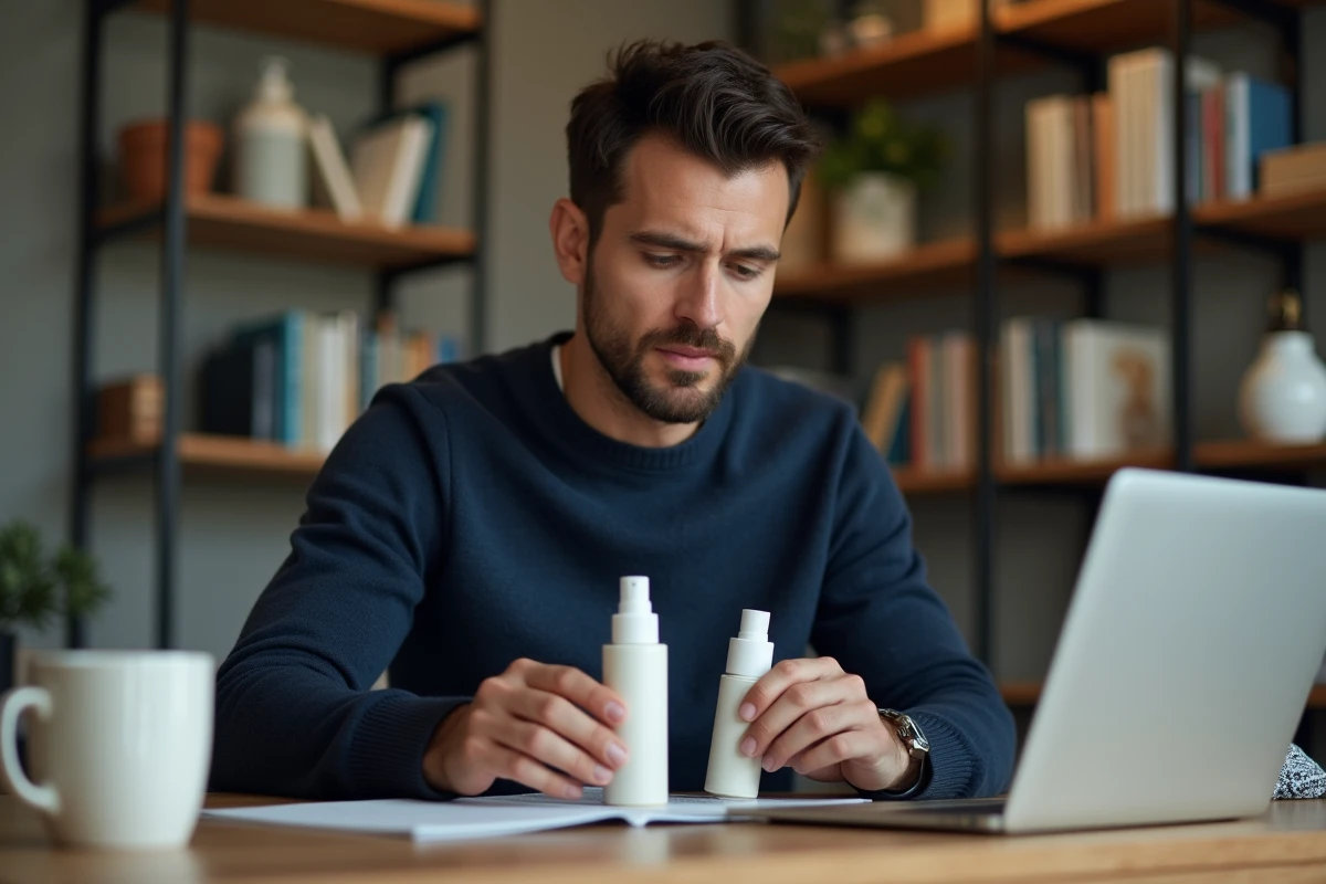 Homme comparant les étiquettes d'ingrédients de produits cosmétiques naturels à son bureau en faisant des recherches en ligne