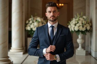Homme élégant en costume navy ajustant ses manchettes lors d'un mariage