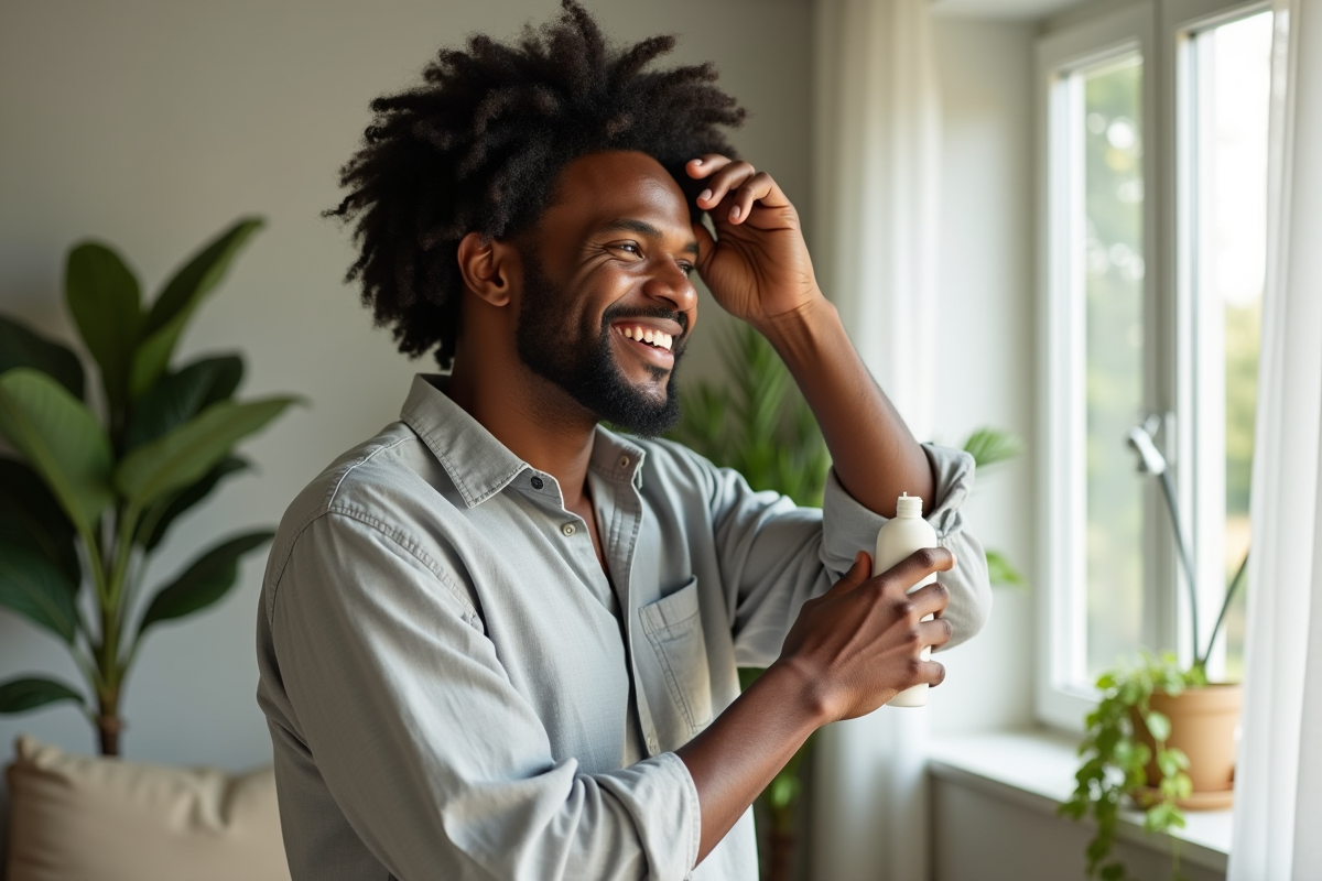 Homme noir appliquant un soin à ses boucles dans un salon lumineux