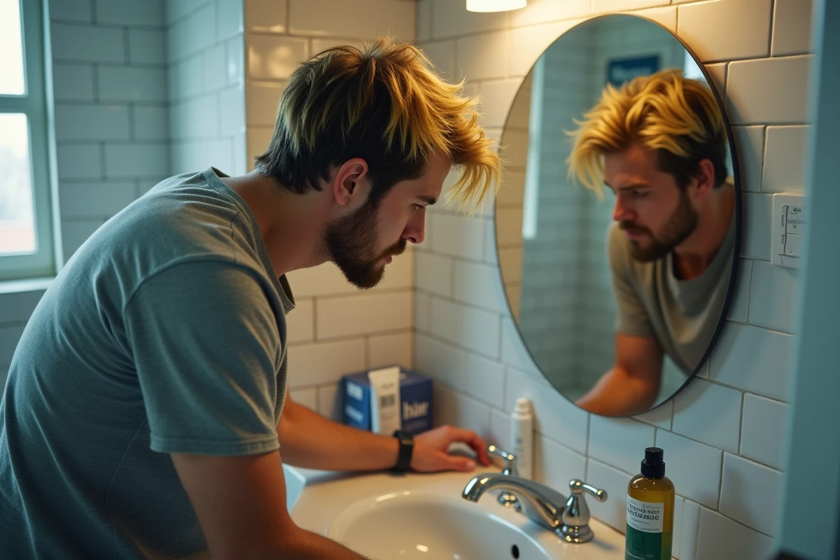 Homme aux reflets blonds inégaux examinant ses cheveux dans un miroir de salle de bain après une décoloration ratée à domicile