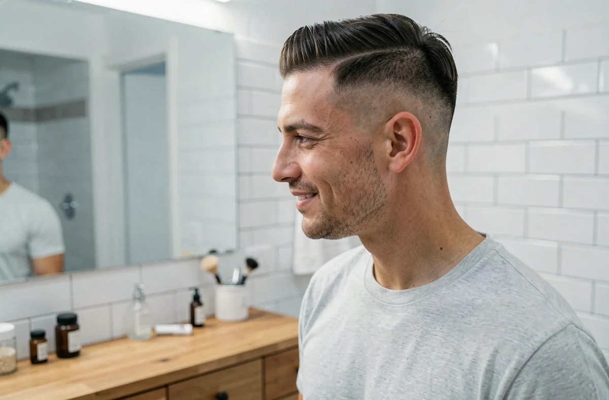 Homme admirant son dégradé raie sur le côté parfait dans un miroir de salle de bain