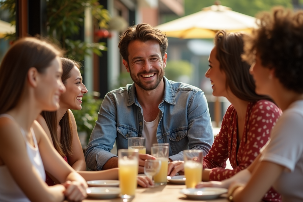 Homme charismatique discutant avec un groupe au café en plein air