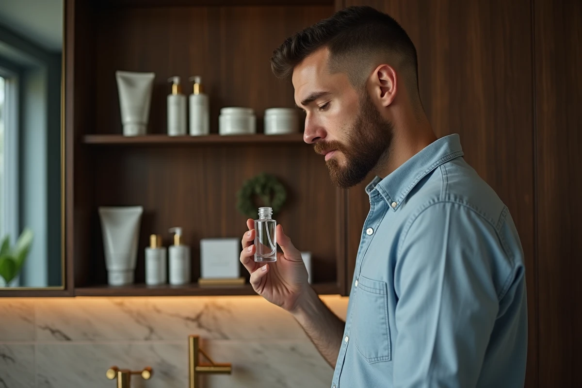 Homme examinant un flacon d'essence cosmétique dans une salle de bain élégante aux tons bois foncé