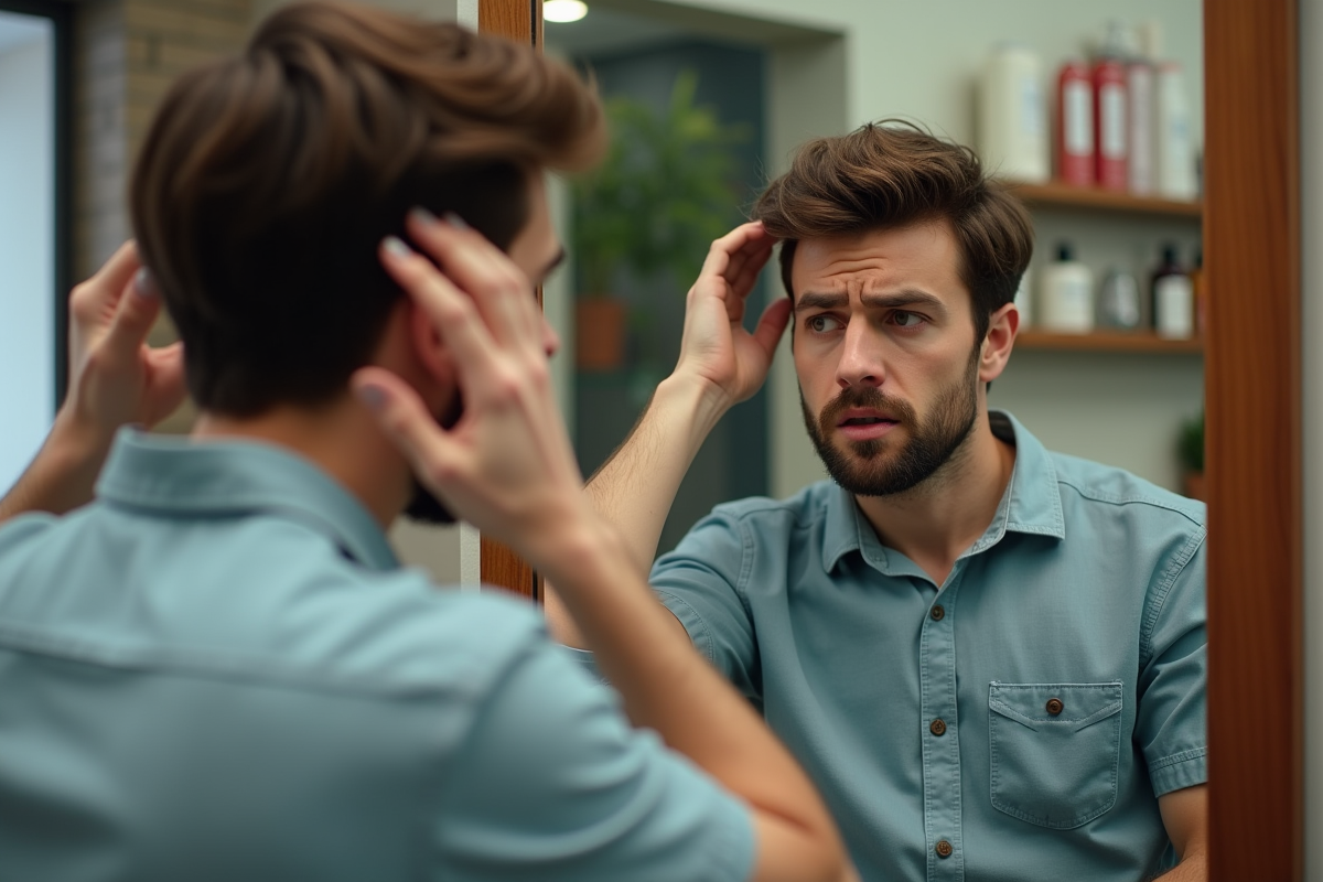 Homme regardant ses cheveux dans un miroir de salon urbain