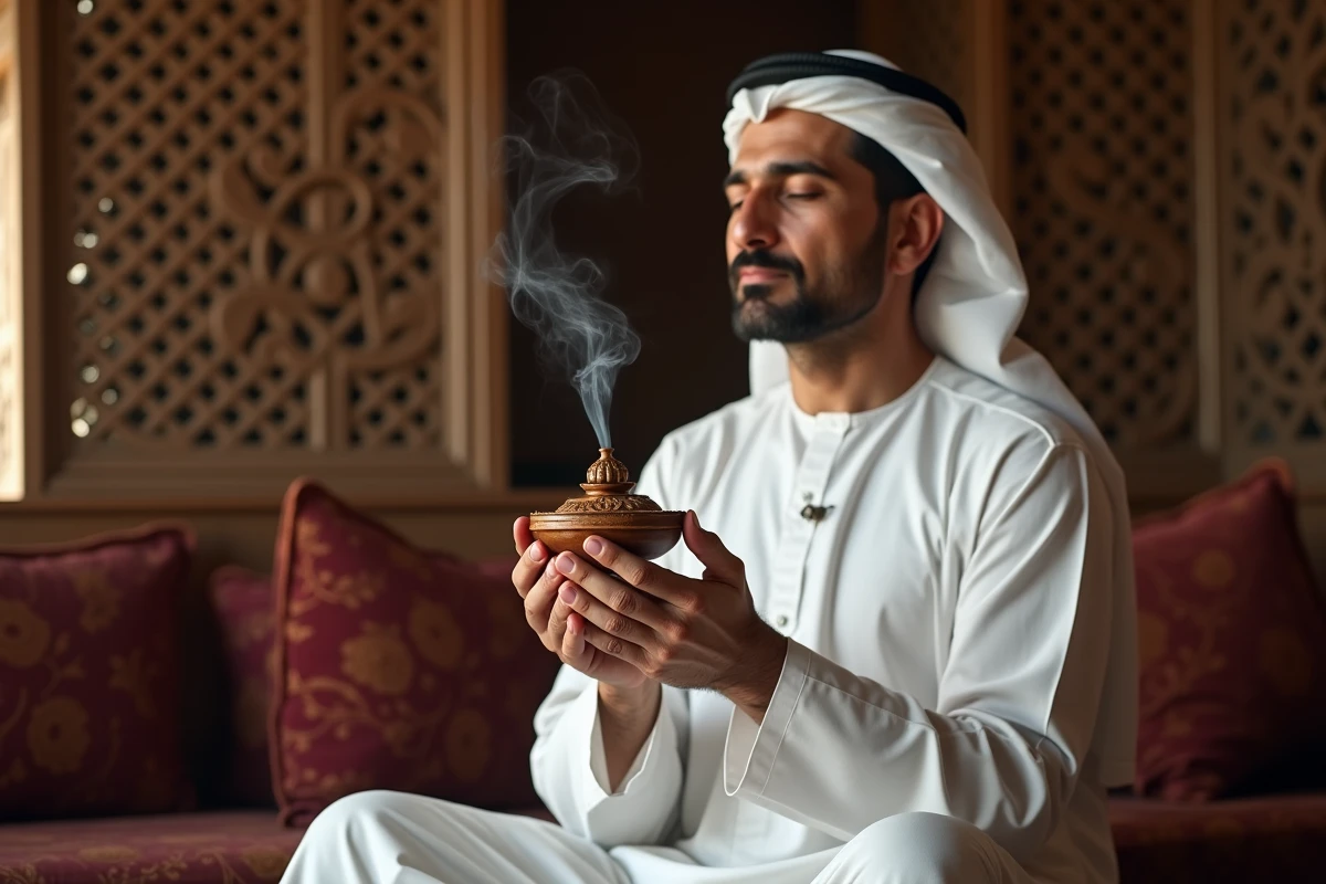 Homme en kandura blanc tenant un brûleur à oud dans un salon arabe traditionnel avec des écrans en bois sculpté