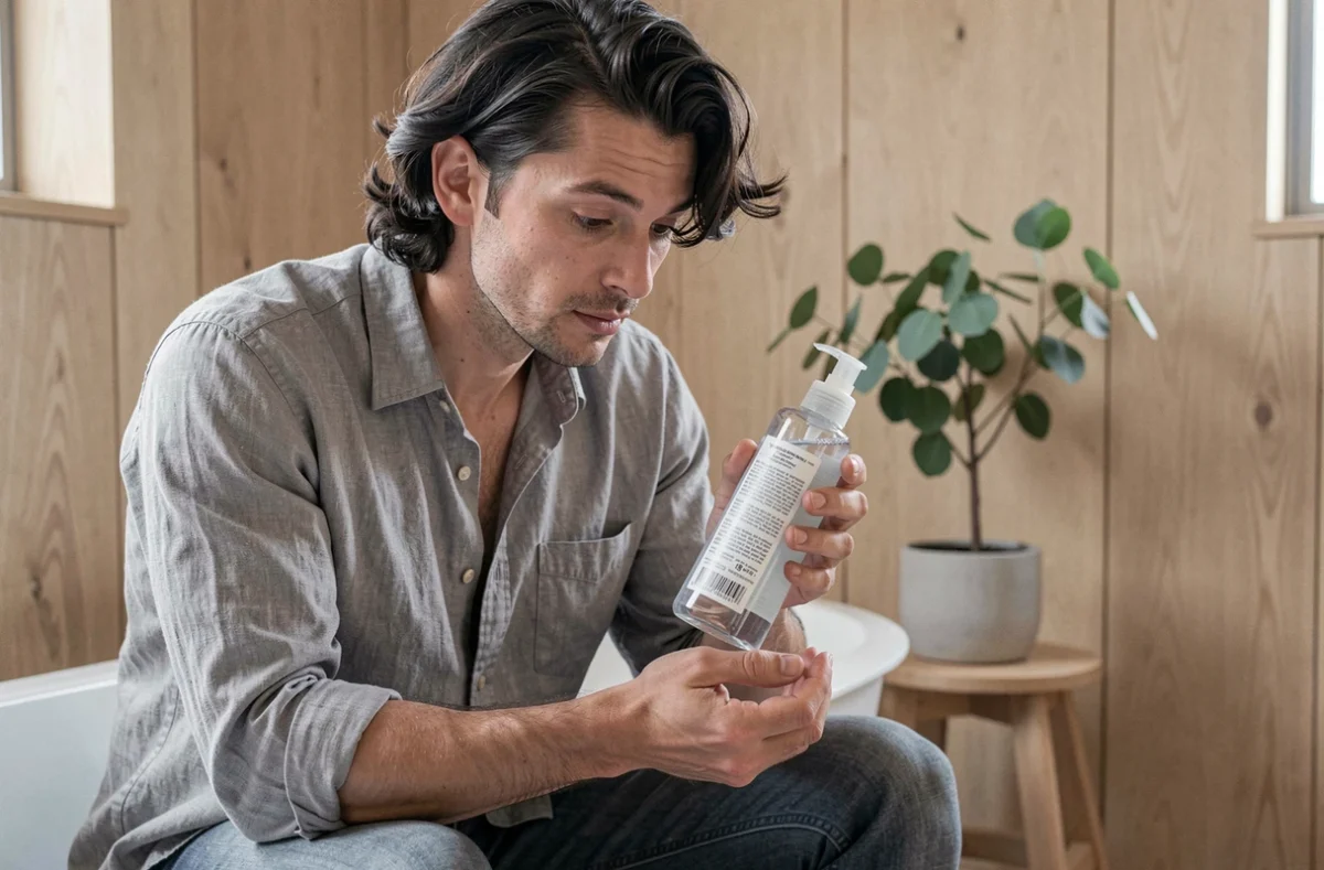 Homme lisant l'étiquette d'un shampoing naturel sans paraben dans une salle de bain minimaliste style scandinave