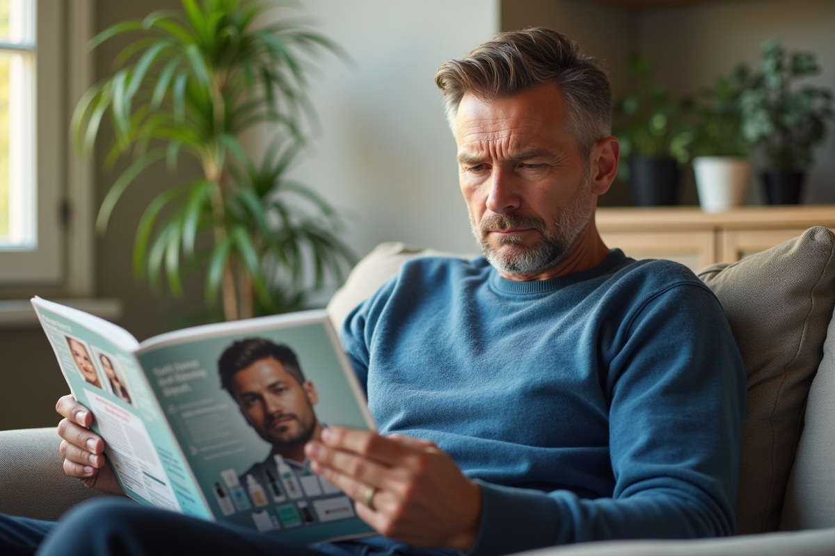 Homme regardant un magazine de soins dans le salon