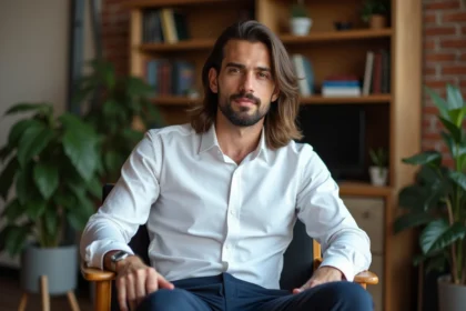 Homme en intérieur loft avec plantes et briques apparentes
