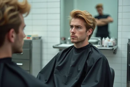 Homme en cape noire dans un salon de coiffure regardant son miroir avec une mèche blonde ratée et des reflets orangés inégaux