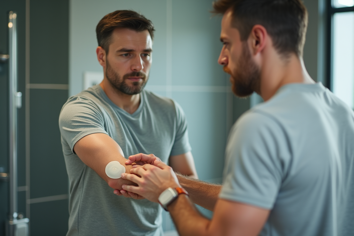Homme utilisant un patch de cicatrisation dans la salle de bain