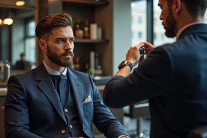 Jeune homme en costume dans un barbershop moderne