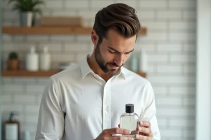 Homme tenant un flacon de parfum économique dans une salle de bain moderne, comparant les alternatives low cost aux grandes marques