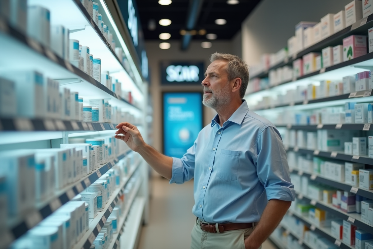 Homme cherchant creme pour cicatrices en pharmacie