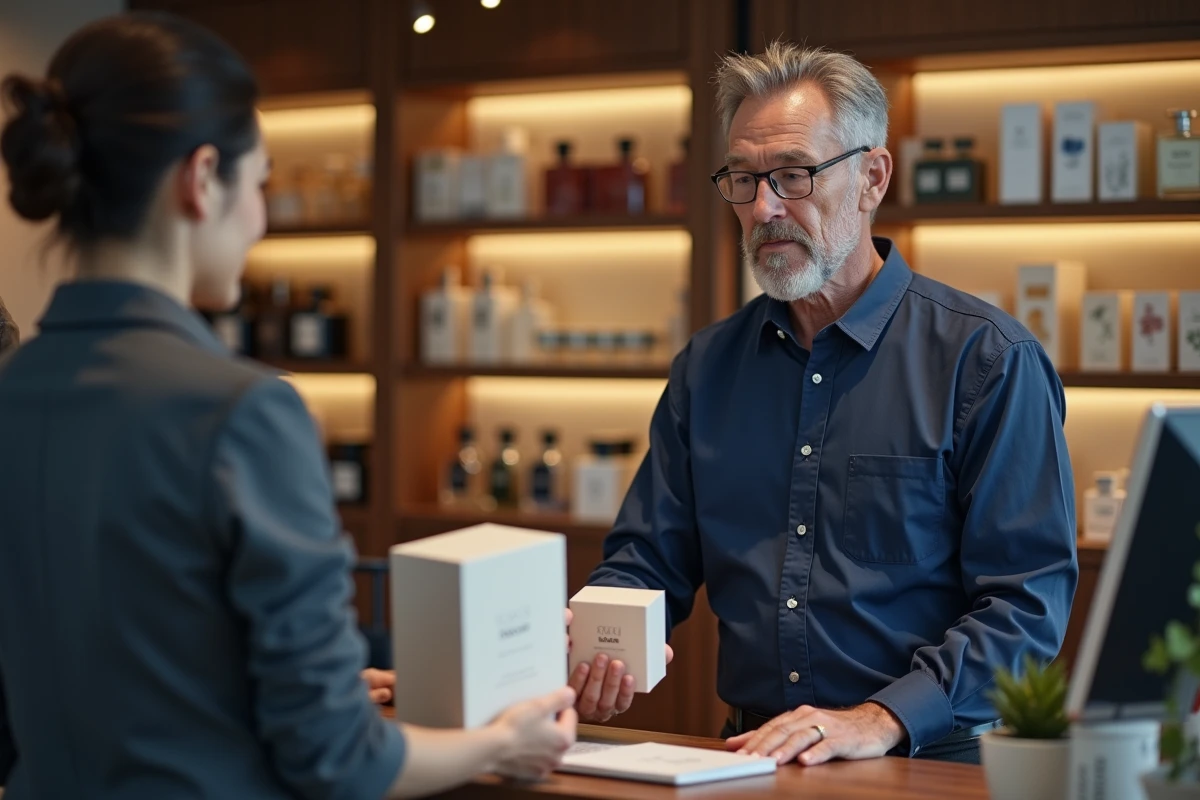 Homme remettant un parfum au comptoir d