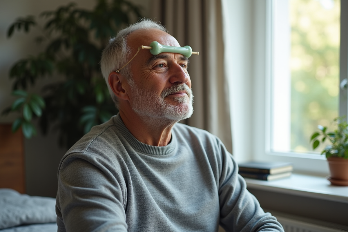 Homme utilisant un rouleau de jade sur le front