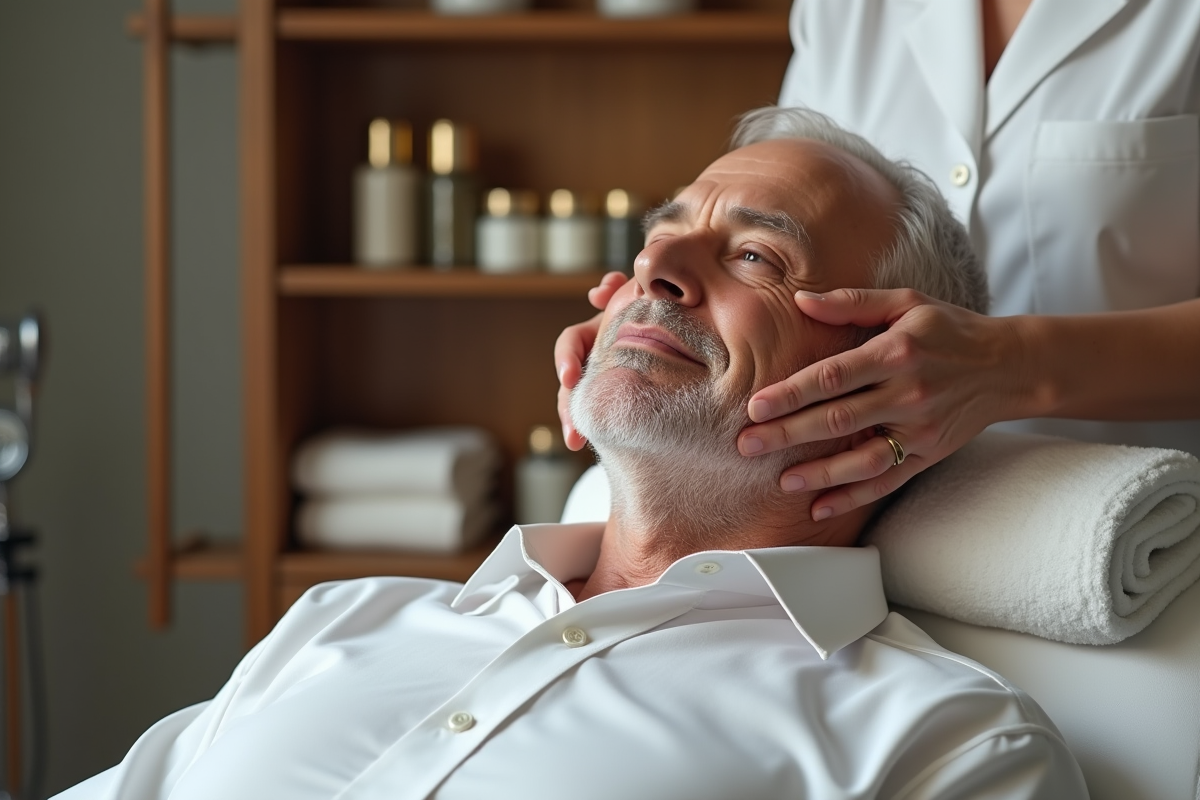Homme recevant un massage facial par une estheticienne dans un spa