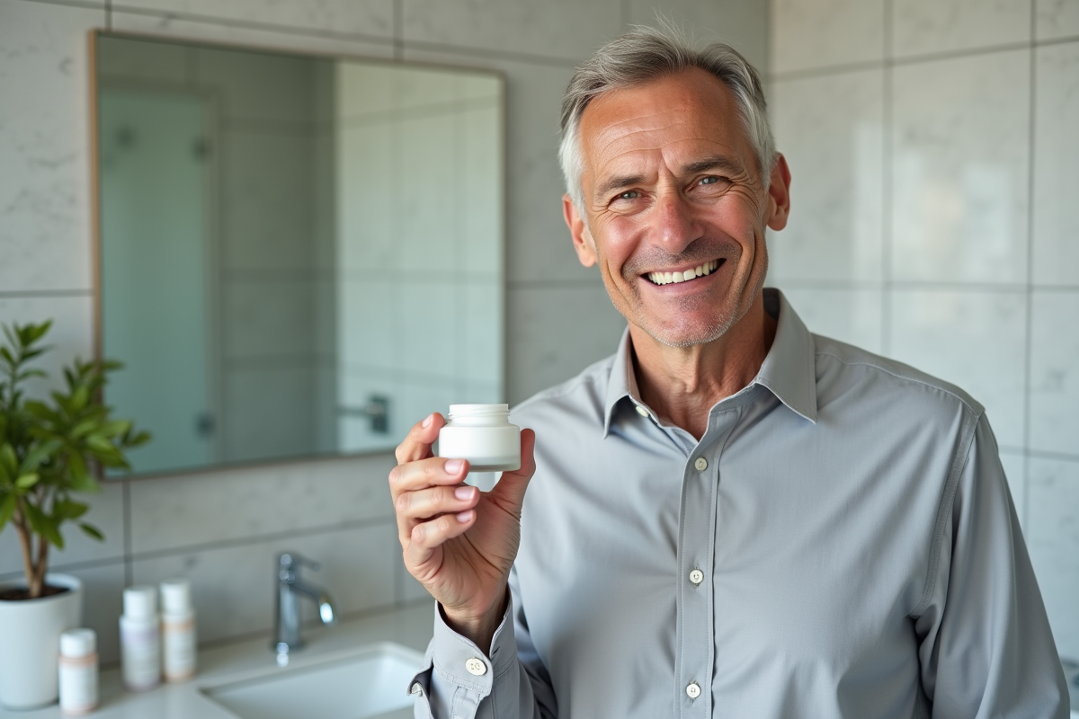 Homme souriant présentant un pot de creme anti-âge dans la salle de bain