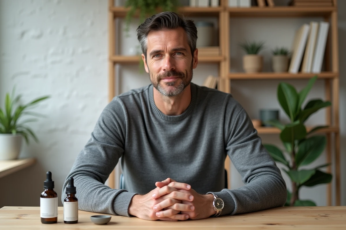 Homme assis face à un plat d'essences et soins pour homme sur un bureau scandinave épuré