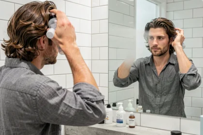 Homme appliquant un spray sea salt sur ses cheveux devant un miroir de salle de bain moderne pour un coiffage texturé mat